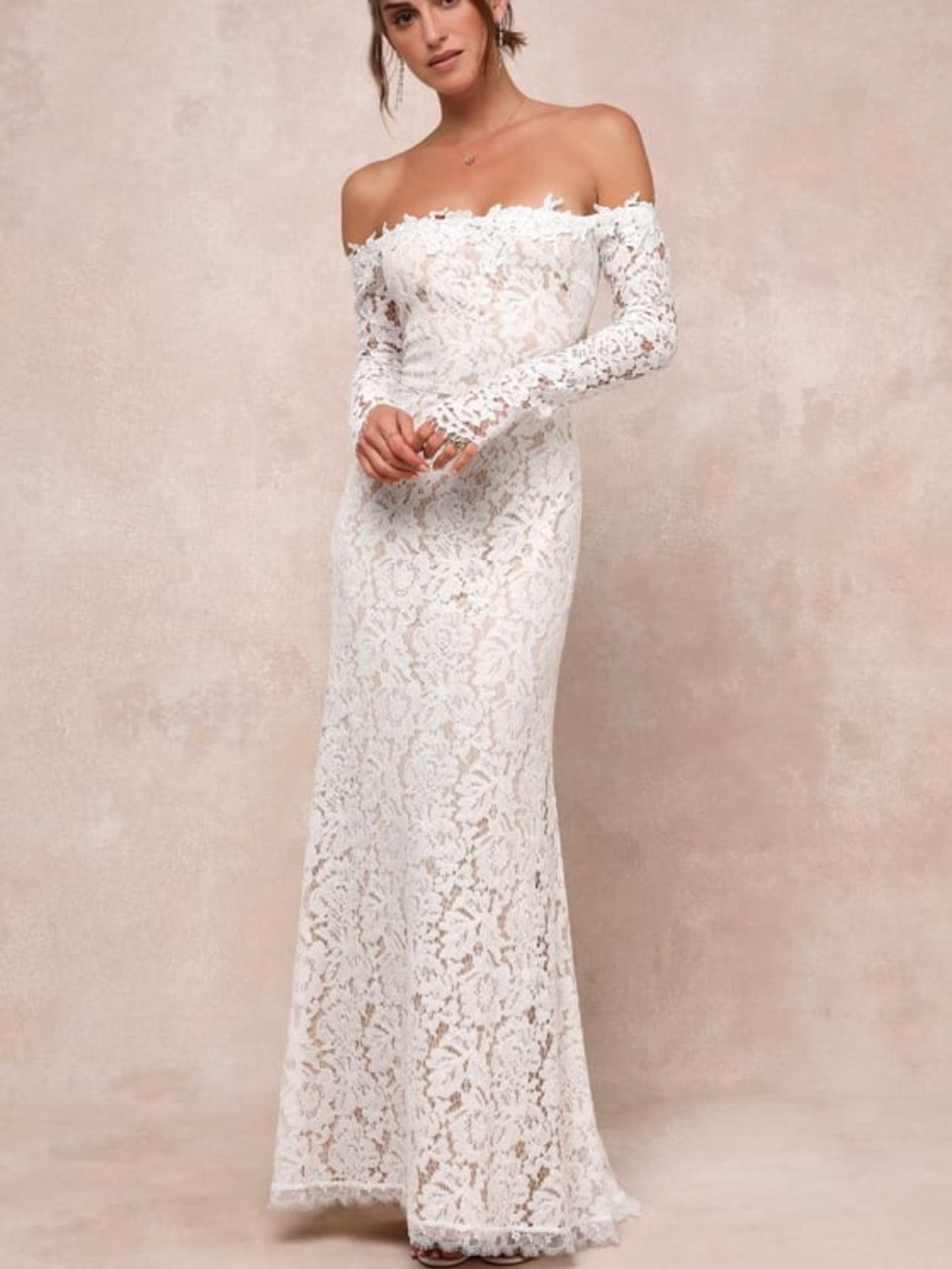 Lulu's Off-the-Shoulder Lace Bridal Gown in White